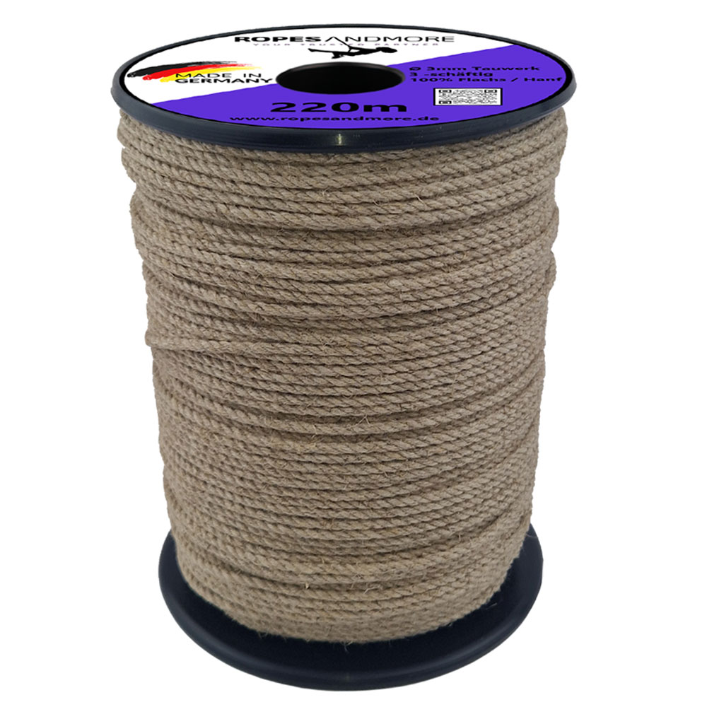 Flachsseil Ø3mm 3-litzig gedreht (geschlagen) Meterware / 220m