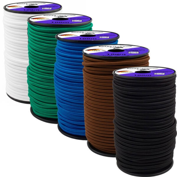 Mehrere Spulen mit Expanderseil in 8 mm Stärke in den Farben Schwarz, Weiß, Blau, Braun und Grün.