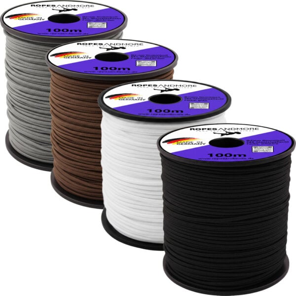 4 Spulen Gummiseil 2mm x 100m Set in den Farben Schwarz, Dunkelbraun, Weiß und Grau – Expanderseil Made in Germany