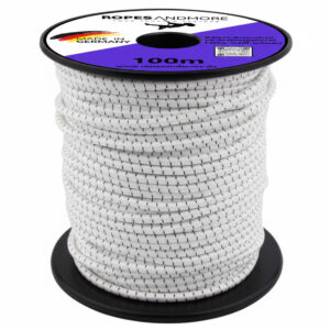 100m Rolle weißes 5mm Expanderseil mit eingewebten schwarzen Kennfäden auf einer schwarzen Kunststoffspule.
