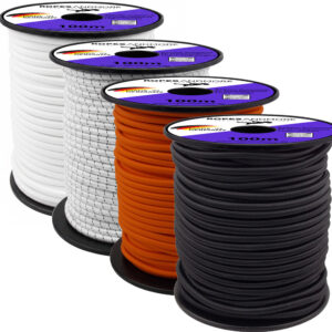 Spulen mit 100 m Expanderseil in 10 mm Stärke in den Farben Orange, Schwarz, Weiß und Weiß-Schwarz.
