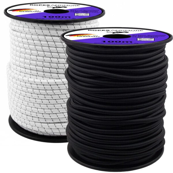 Spulen mit 100 m Expanderseil in 12 mm Stärke, in den Farben Schwarz und Weiß-Schwarz.