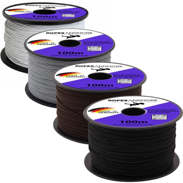 4 Spulen Gummiseil 1mm x 100m Set in Weiß, Schwarz, Dunkelbraun und Grau – Feines Expanderseil Made in Germany