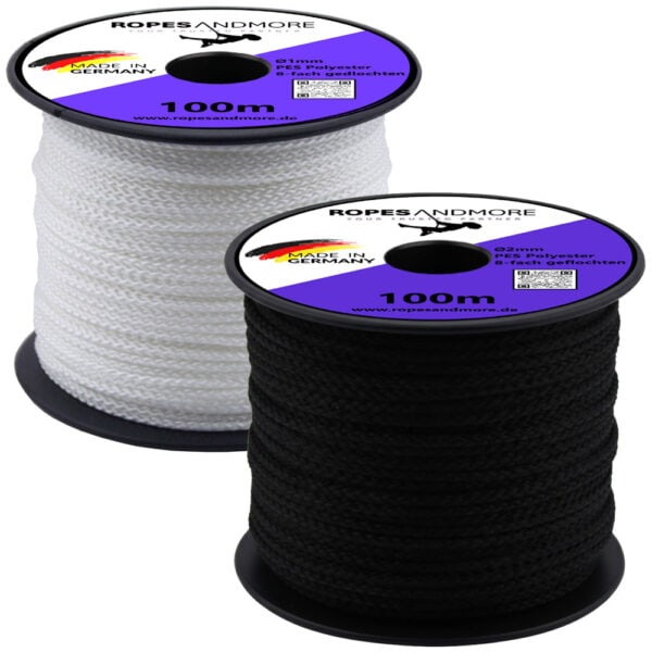Zwei Spulen Polyesterseil 2mm in den Farben Schwarz und Weiß nebeneinander