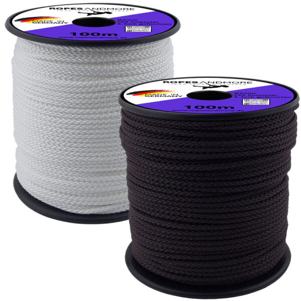 Zwei Spulen Polyesterseil 3mm in den Farben Schwarz und Weiß nebeneinander