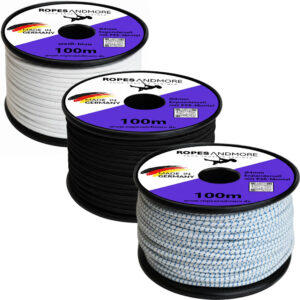 3 Spulen Gummiseil 4mm x 100m im Set: Schwarz, Weiß und Weiß-Blau mit Kennfaden – Robustes Expanderseil Made in Germany