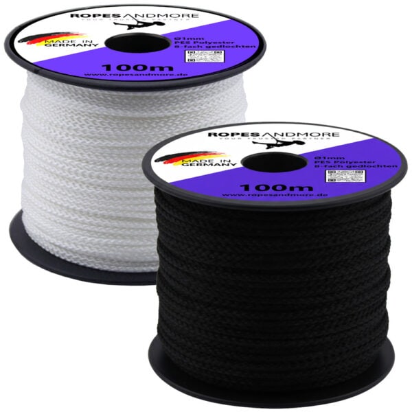 2 Spulen Polyesterseil Ø1 mm, 100 m, Farben: Weiß und Schwarz, 8-fach geflochten, hochfest, wetterfest
