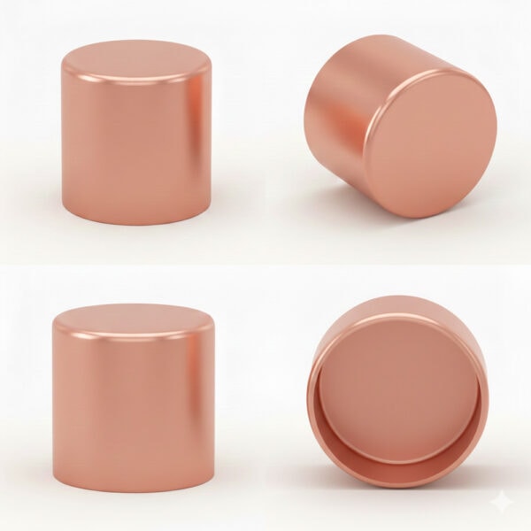 Vier Ansichten einer roségoldenen Seilendkappe aus Messing für Seile von 6mm bis 12mm Durchmesser.