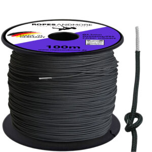 Schwarze Spule Dyneema Seil 2,5mm Durchmesser mit sichtbarem Kern und 32-fach geflochtenem Mantel