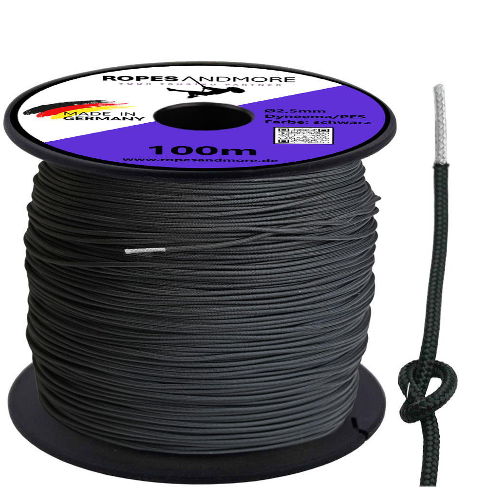 Schwarze Spule Dyneema Seil 2,5mm Durchmesser mit sichtbarem Kern und 32-fach geflochtenem Mantel