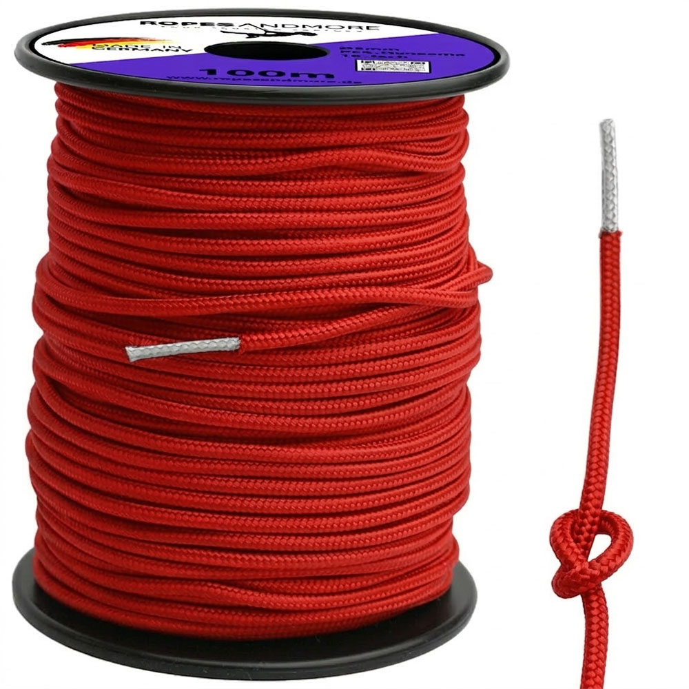 100m Spule rotes Dyneema Seil 5mm mit sichtbarem weißem Dyneema-Kern und PES-Mantel