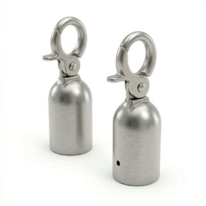 Zwei silberne Karabiner-Endkappen aus gebürstetem Edelstahl für 30mm Seile.