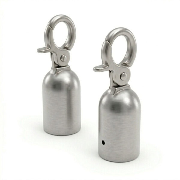 Zwei silberne Karabiner-Endkappen aus gebürstetem Edelstahl für 30mm Seile.