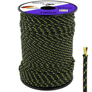 Kevlarseil 5mm Durchmesser in schwarz mit 2 gelben Kennfäden auf Spule, hitzebeständiges Aramidseil.