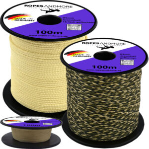 Drei Spulen RopesAndMore Aramidseile in verschiedenen Stärken und Farben: 5mm geflochtenes Aramidseil in Gelb-Natur, 3mm Seil in Camouflage-Optik und ein dünnes 0,24mm Aramidseil auf einer flachen Kunststoffspule, jeweils 100m Länge Made in Germany.