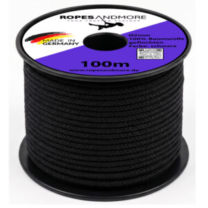 Baumwollschnur 2mm – 8-fach geflochten, 100% Baumwolle, 100m Spule, weich & filigran, Farbe Schwarz