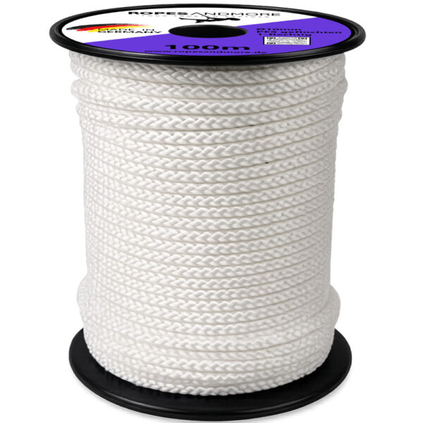 Weißes 10 mm Polyesterseil (PES), 1-flechtig, UV- und witterungsbeständig für Planenkonfektion, Zeltbau, Planen und Outdoor-Anwendungen.