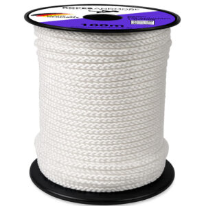 Weißes 8 mm Polyesterseil (PES), 1-flechtig, UV- und witterungsbeständig für Planen, Zelte, Planenkonfektion und Outdoor-Anwendungen.