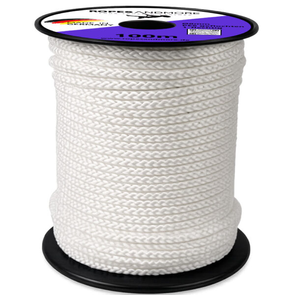 Weißes 8 mm Polyesterseil (PES), 1-flechtig, UV- und witterungsbeständig für Planen, Zelte, Planenkonfektion und Outdoor-Anwendungen.