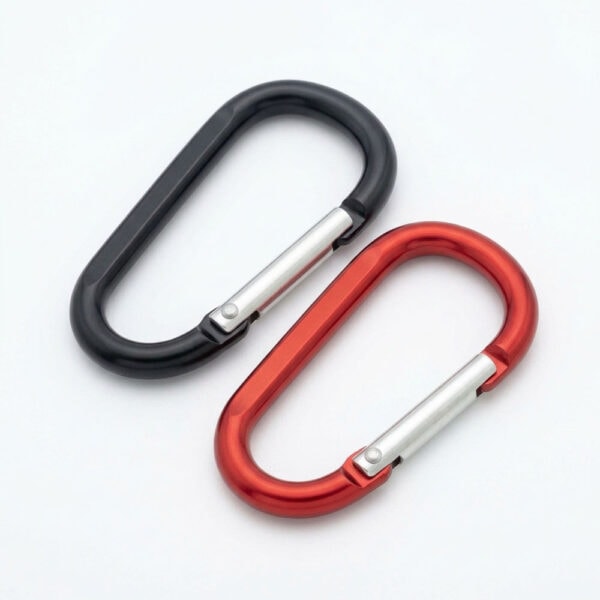 Zwei eloxierte Aluminium-Schlüsselkarabiner in D-Form (57 mm) in den Farben Schwarz und Rot nebeneinander auf weißem Hintergrund.